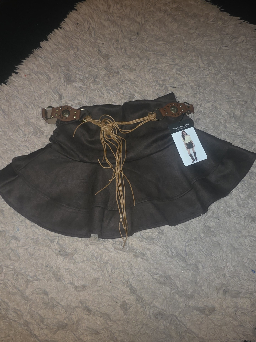 Women’s Brown Faux-Leather Flared Skirt with Western Tie Belt